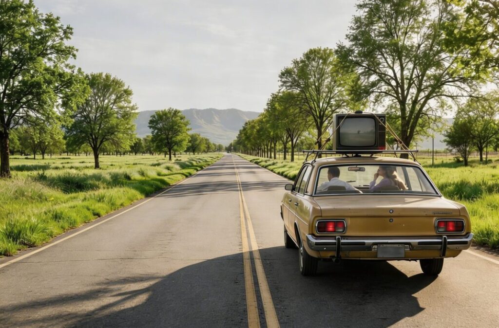 Powrót z wakacji zza wschodniej granicy - lata 70" XX wieku | Ilustracja AI