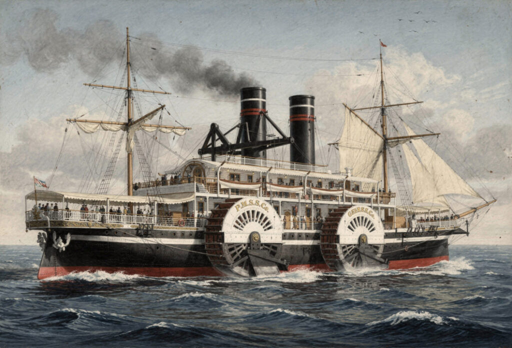 Replika parowca „General Grant" wygenerowana przez AI na podstawie opisu zawartego w powieści "W 80 dni dookoła świata"